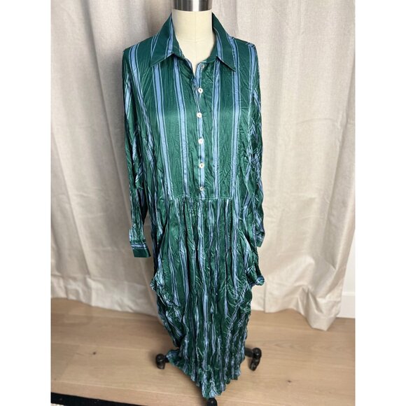 Alembika Crinkle Midi Shirt Pocket Dress XL Green Stripe Lagenlook - Picture 1 of 10